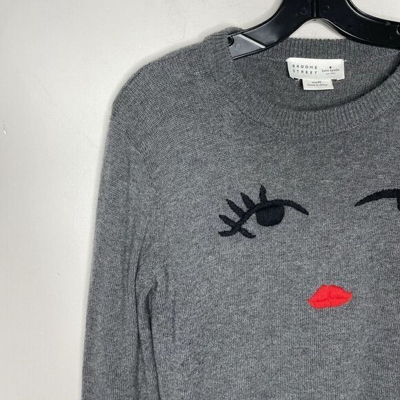 KATE SPADE Sweater Women XS Gray Embroidered Winking Face Pullover Wool Blend - Picture 3 of 10